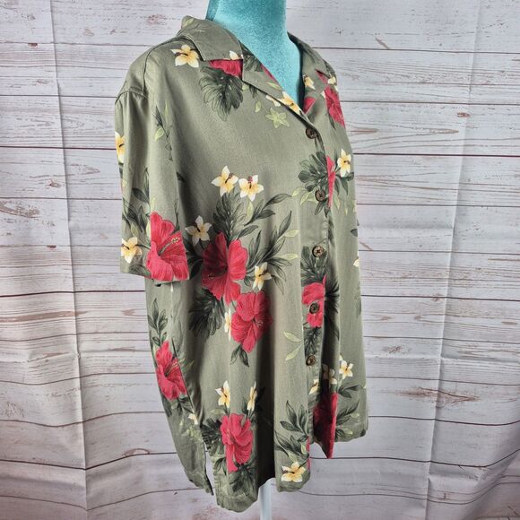 Havana Jacks Cafe Women's Sz 1X Green Top Hawaiian Shirt Button Up Beachy Aloha - Picture 2 of 9